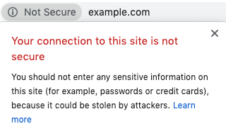 Screenshot of a web browser security warning that says: Your connection to this site is not secure