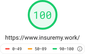Google PageSpeed screenshot showing a score of 99 out of 100 for performance on a desktop computer on our www.insuremy.work sample website